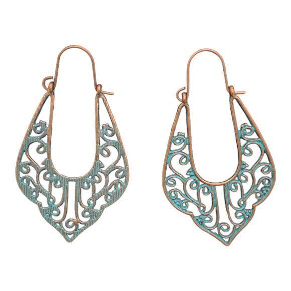 Boho Chic Turquoise Patina Copper Vintage-Chic Copper Unique Patina Earrings - Picture 3 of 9